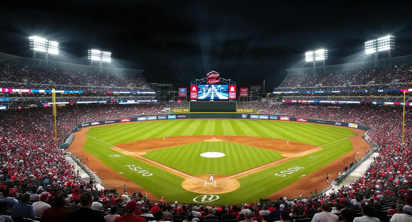 Packed MLB ballpark during an evening game with the scoreboard glowing under floodlights